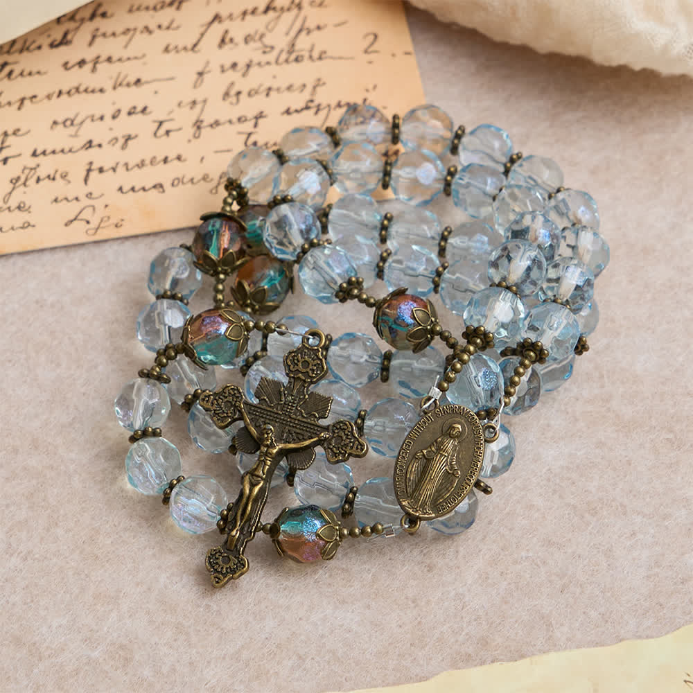 Antique Bronze Our Lady Heirloom Rosary with Iridescent Blue Glass