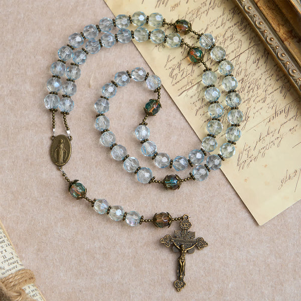 Antique Bronze Our Lady Heirloom Rosary with Iridescent Blue Glass