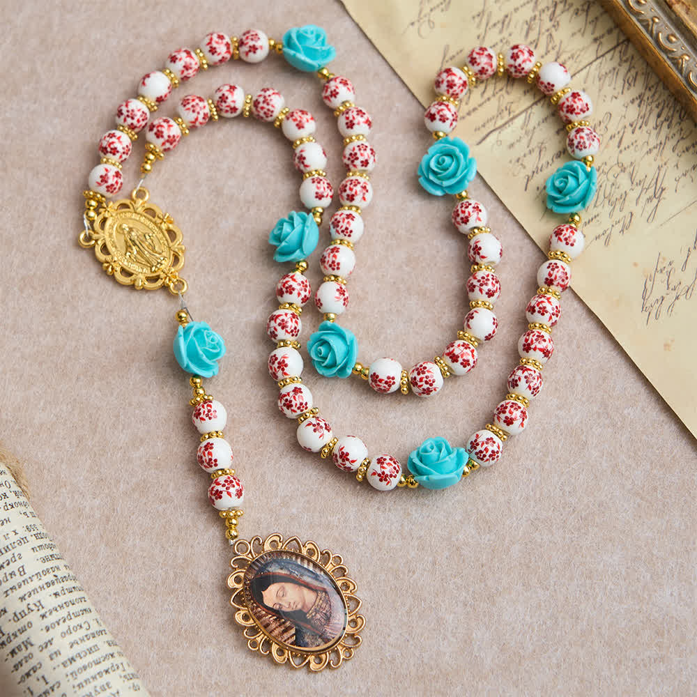 Red & White Ceramic Beads with Turquoise Rose Seven Sorrow Rosary with Our Lady Medal