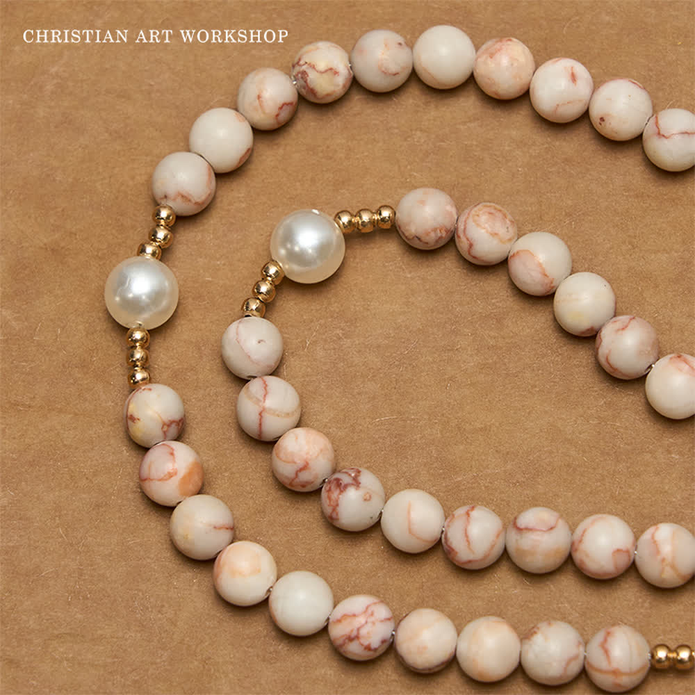 Matte Pink Zebra Jasper and Pearl Rosary with Miraculous Medal and Crucifix