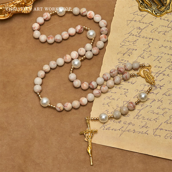 Matte Pink Zebra Jasper and Pearl Rosary with Miraculous Medal and Crucifix
