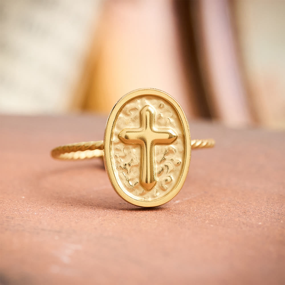 Hammered Oval Cross Twisted Band Ring: Rustic Token of Devout Blessing