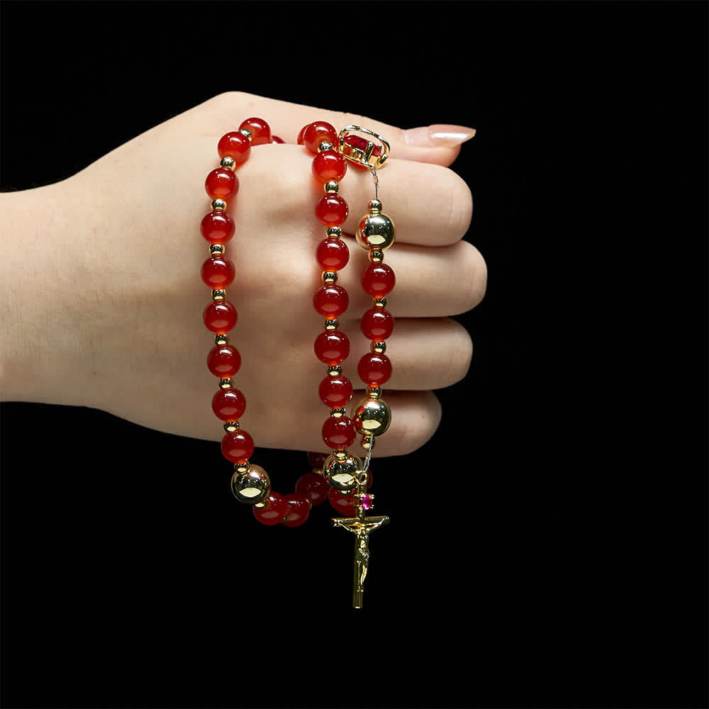 Divine Love Sacred Heart Rosary with Elegant Red Glass & Golden Crucifix