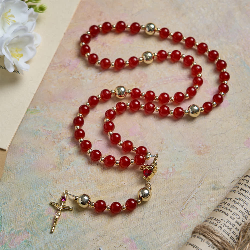 Divine Love Sacred Heart Rosary with Elegant Red Glass & Golden Crucifix