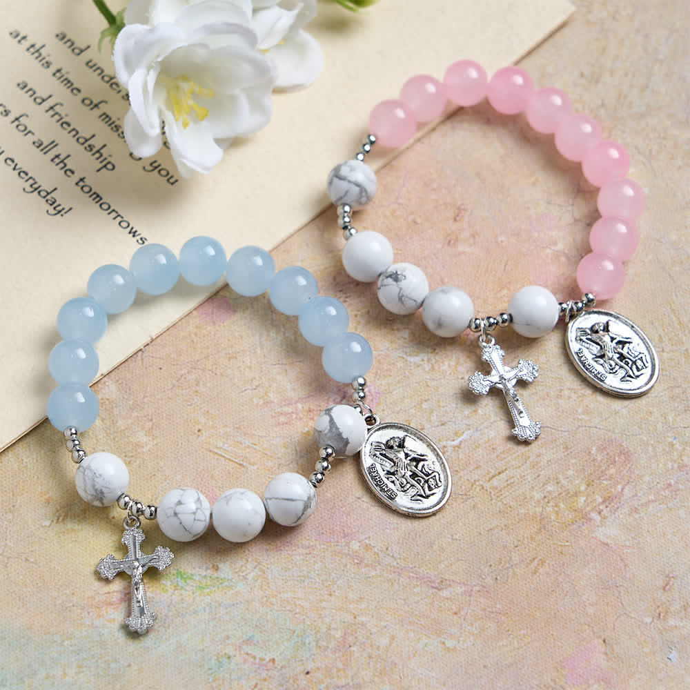 Natural Howlite Stone St. Michael Bracelet: Light Blue & PInk Dual Spiritual Protection