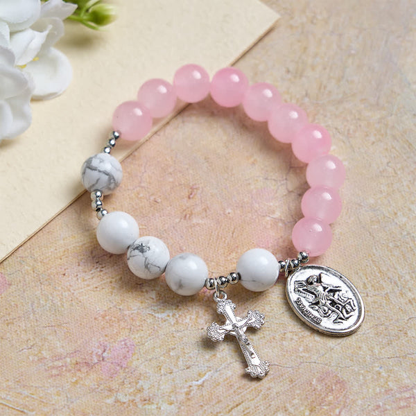 Natural Howlite Stone St. Michael Bracelet: Light Blue & PInk Dual Spiritual Protection