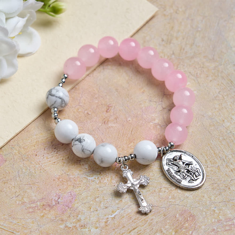 Natural Howlite Stone St. Michael Bracelet: Light Blue & PInk Dual Spiritual Protection