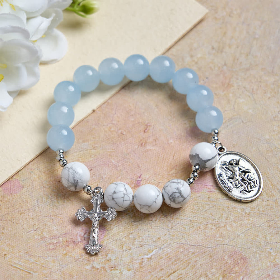 Natural Howlite Stone with Blue Glass Beads Bracelet with Vintage St. Michael Charm