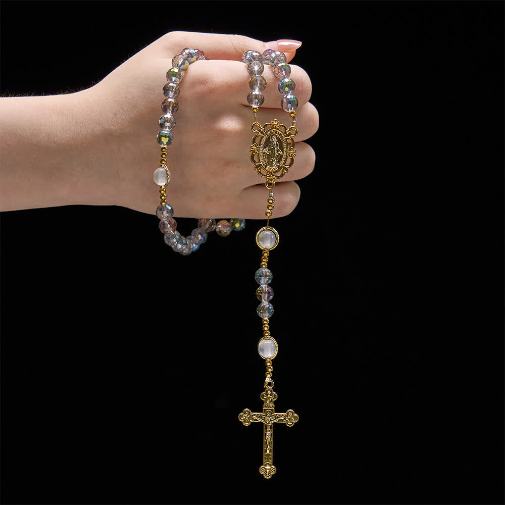 Rainbow Iridescent Faceted Beads Rosary with Golden Our Lady Pendant