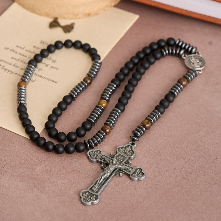 Black Glass & Tiger Eye Rosary with St. Benedict Medal & Vintage Tin Cross