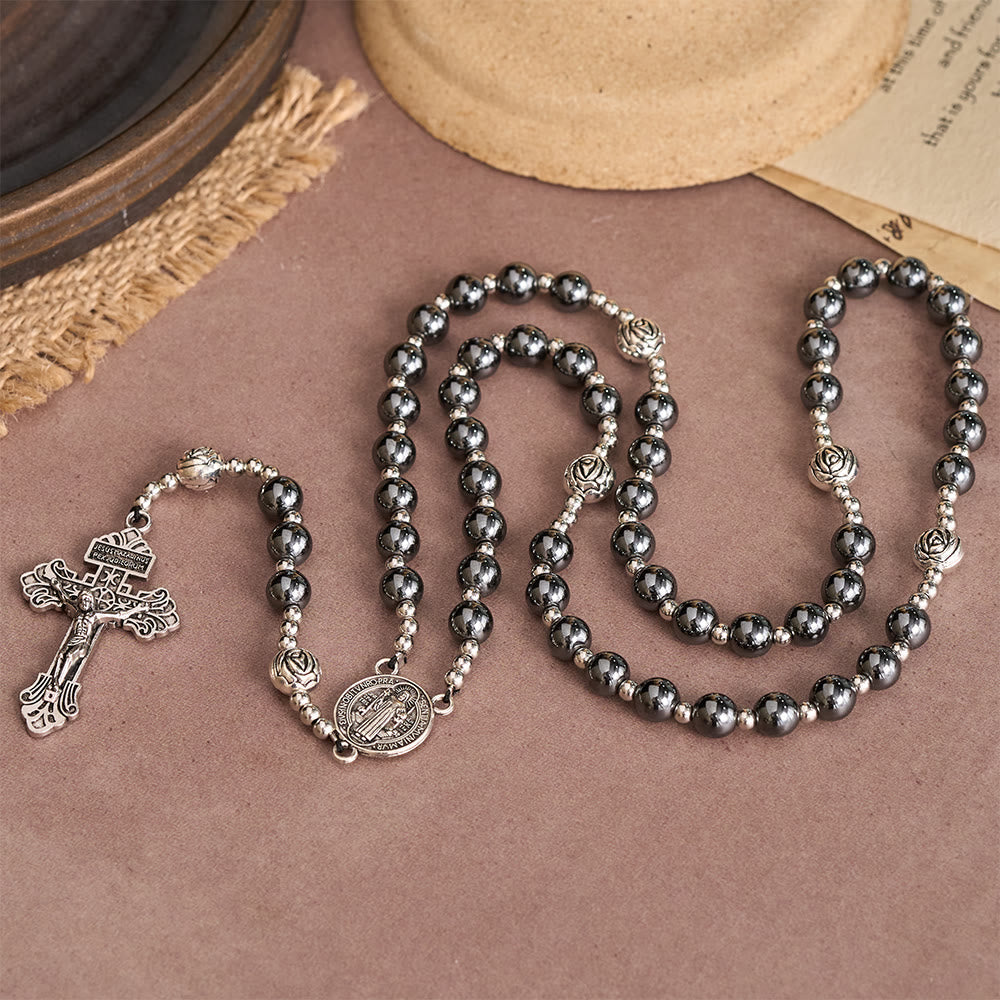 Hematite Rosary with Rose Beads and St. Benedict Medal & Detailed Crucifix