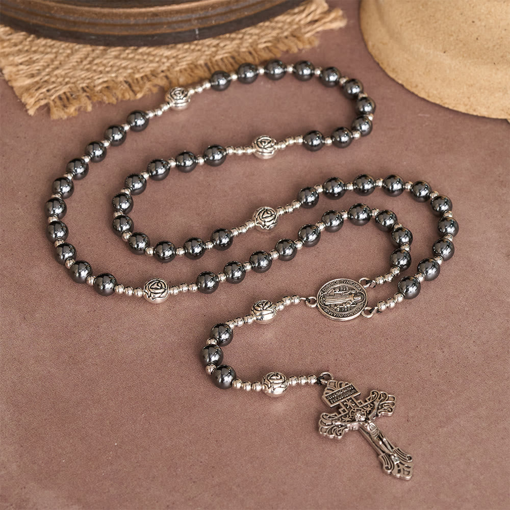 Hematite Rosary with Rose Beads and St. Benedict Medal & Detailed Crucifix