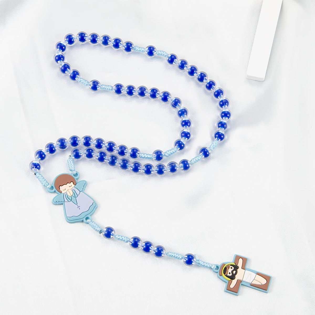 Children-Friendly Cartoon Rosary: Angel Medal & Cute Jesus Cross Pendant (Pink/Blue)