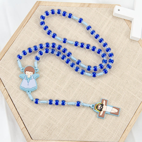 Children-Friendly Cartoon Rosary: Angel Medal & Cute Jesus Cross Pendant (Pink/Blue)
