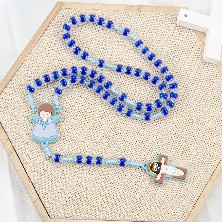 Children-Friendly Cartoon Rosary: Angel Medal & Cute Jesus Cross Pendant (Pink/Blue)