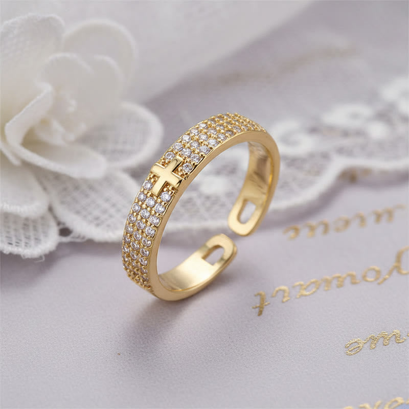 Paved Crystal Cross Open Adjustable Ring: Symbol Of Eternal Hope & Grace