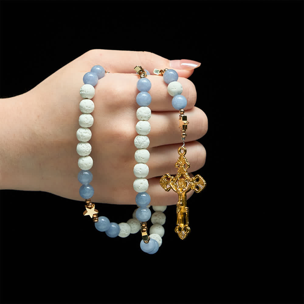 Natural White Volcanic Stone & Aquamarine Beads Rosary: Nature's Calm and Starry Dreams