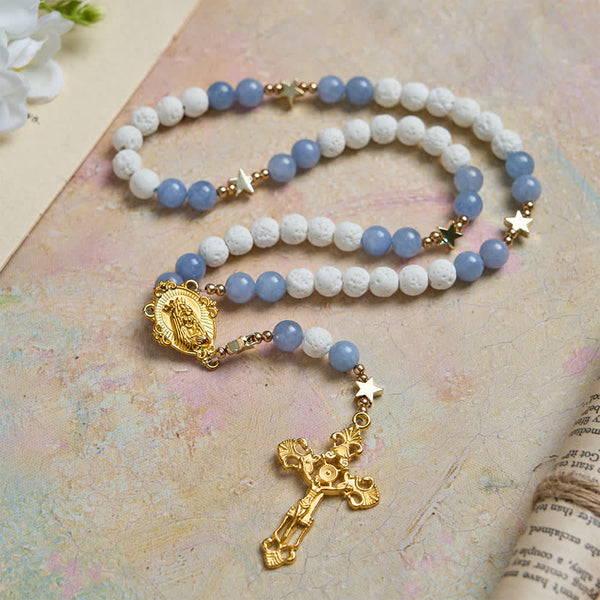 Natural White Volcanic Stone & Aquamarine Beads Rosary: Nature's Calm and Starry Dreams