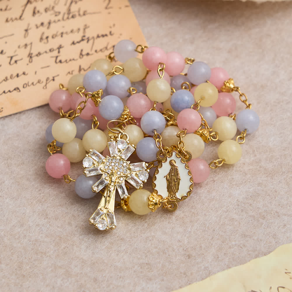 Pastel Morganite Beads Rosary with Sparkling Crucifix & Our Lady