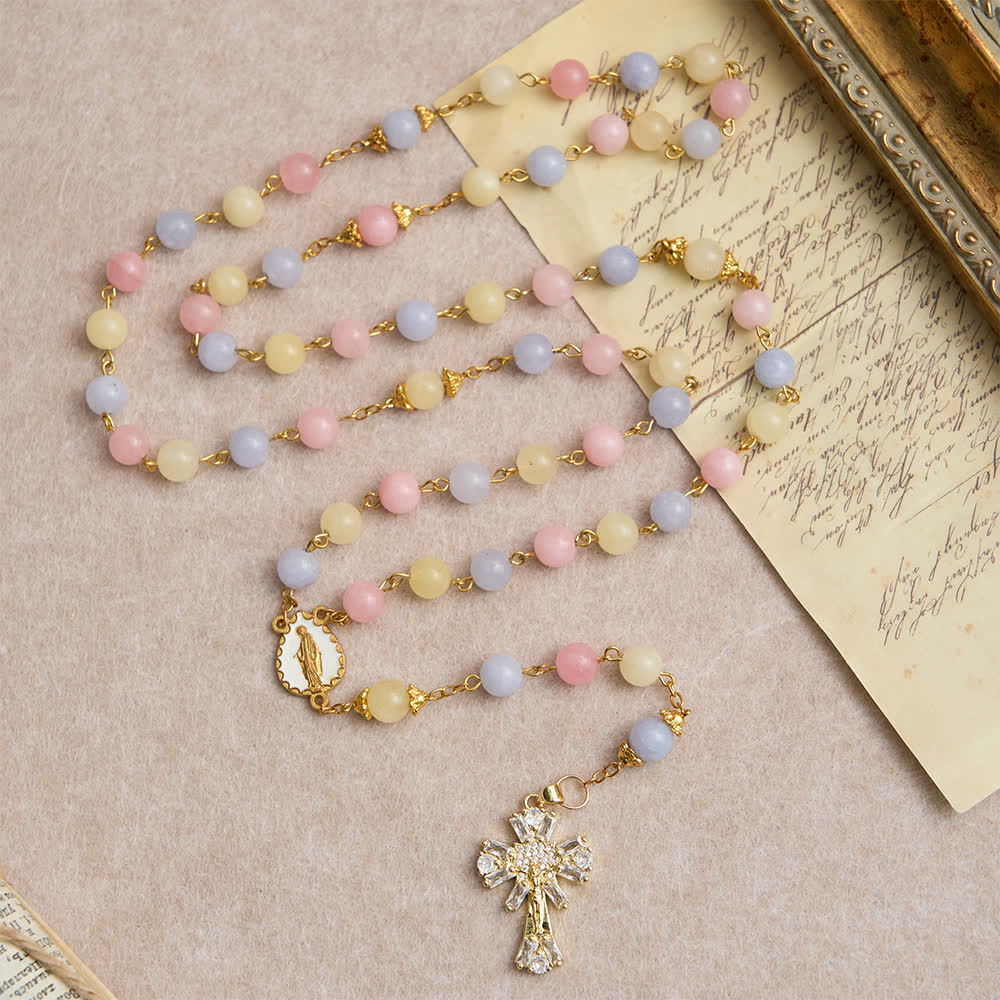 Pastel Morganite Beads Rosary with Sparkling Crucifix & Our Lady