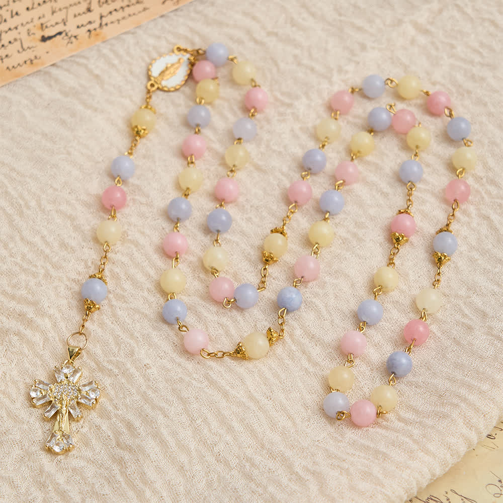 Pastel Morganite Beads Rosary with Sparkling Crucifix & Our Lady