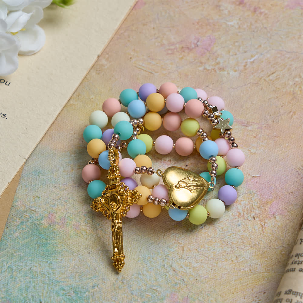 Multicolor Pastel Rosary with Golden Star Spacers & Our Lady Heart Locket