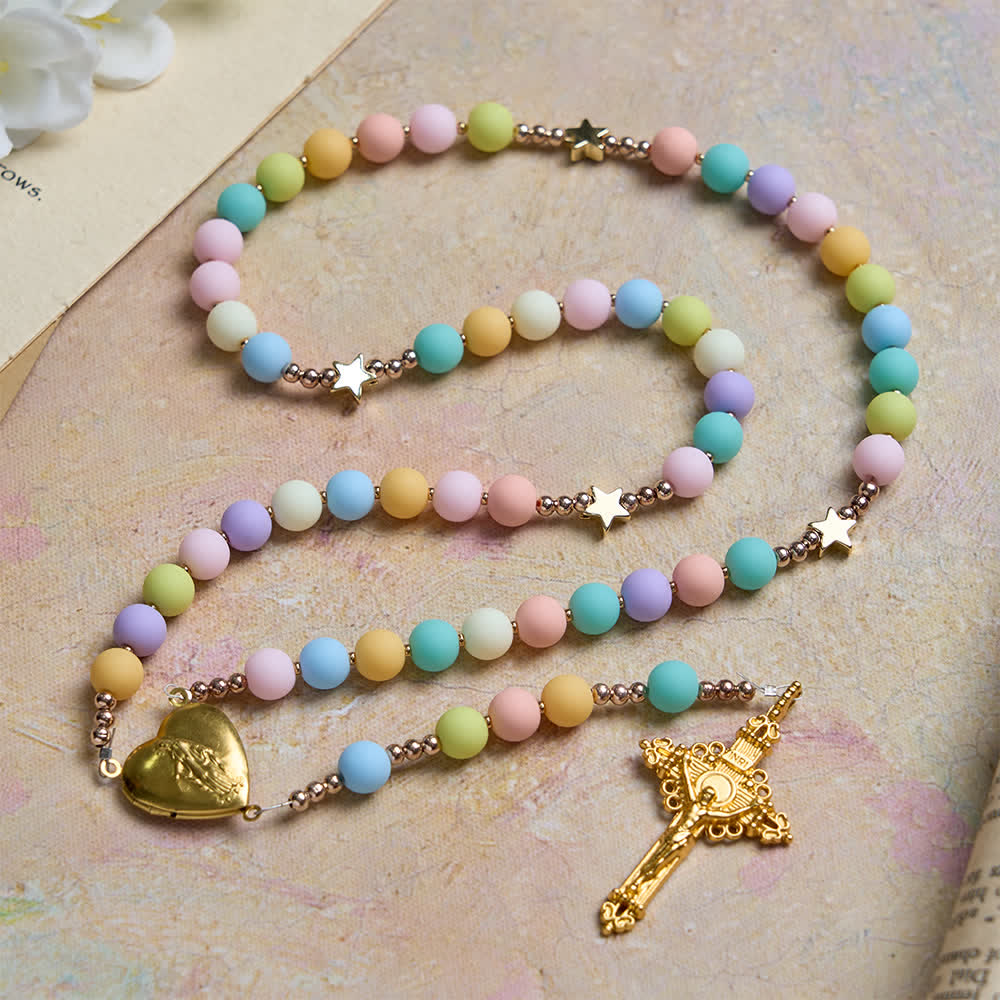Multicolor Pastel Rosary with Golden Star Spacers & Our Lady Heart Locket