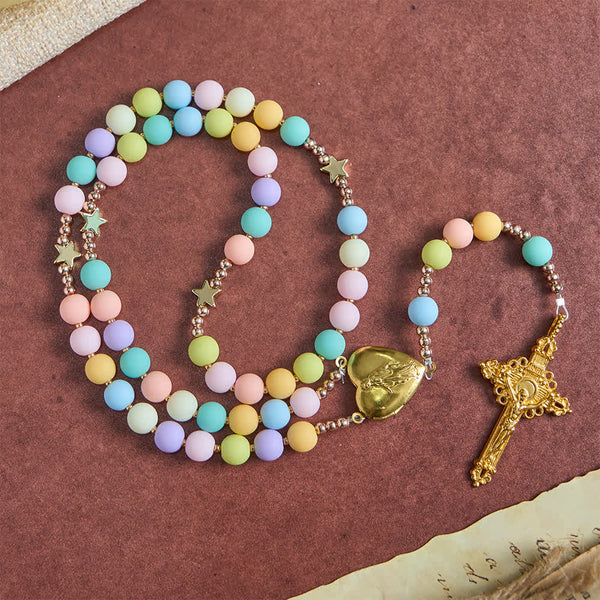 Multicolor Pastel Rosary with Golden Star Spacers & Our Lady Heart Locket