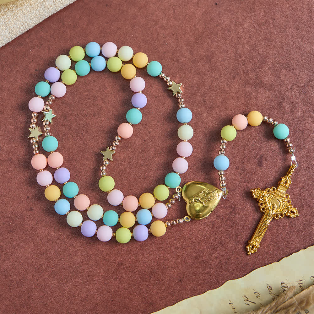 Multicolor Pastel Rosary with Golden Star Spacers & Our Lady Heart Locket