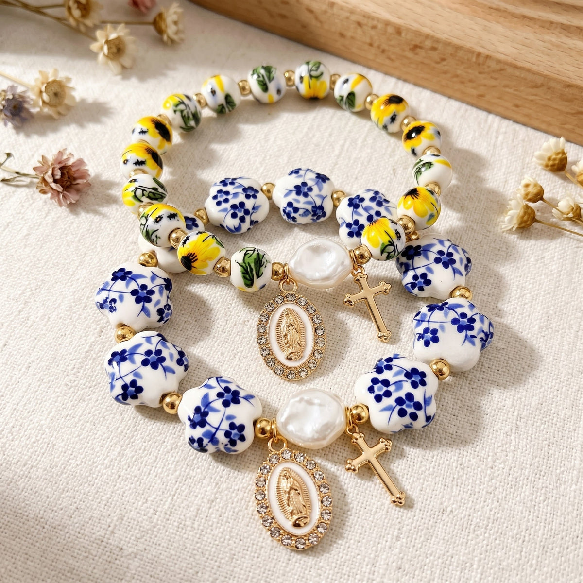 Floral Ceramic Porcelain Bracelet With Our Lady Medal & Cross Pendant (3 Styles)