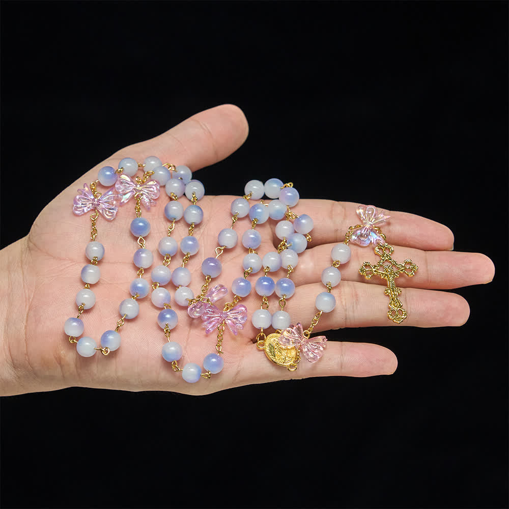 UV Color-Change Glass Beads Purple Bow Rosary: Where Sunlight Meets Faith