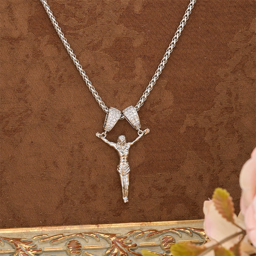 Zircon Embellished Moving Crucifix Necklace: Bold Statement Sacred Faith Wearable Art