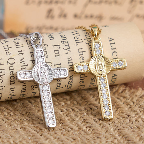 Sparkling Zircon Inlaid Our Lady Cross Necklace: Elegant Daily Devotional Faith Neck Wear