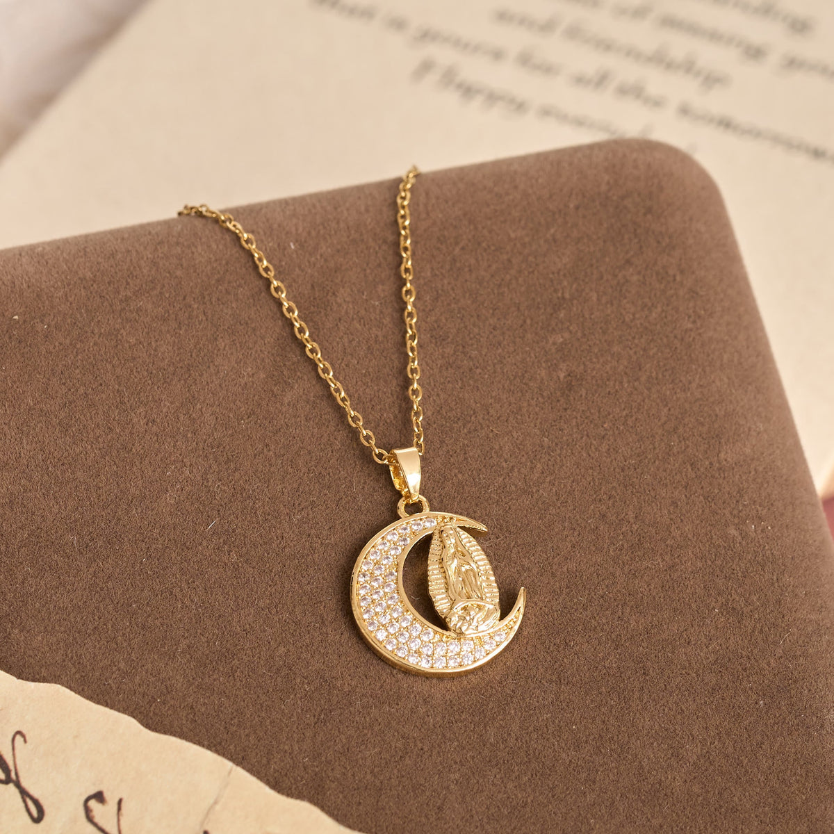 Crescent Moon Our Lady Zircon Necklace: Marian Grace Sacred Faith Pendant Jewelry