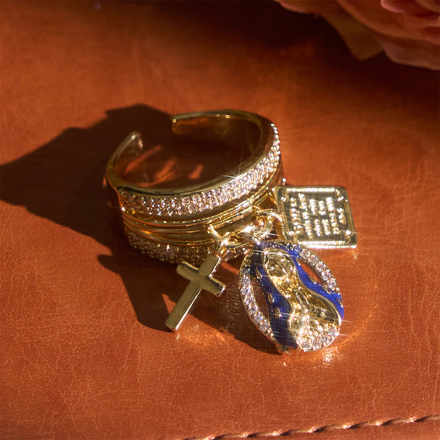 Zircon Virgin Mary Cross & Heart Charm Open Ring: A Symbol of Marian Grace and Sacred Love
