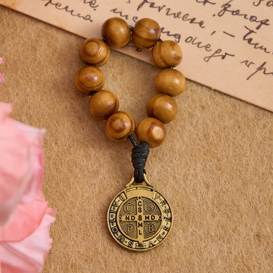 Natural Pine Wood Finger Rosary with Vintage St. Benedict Medal