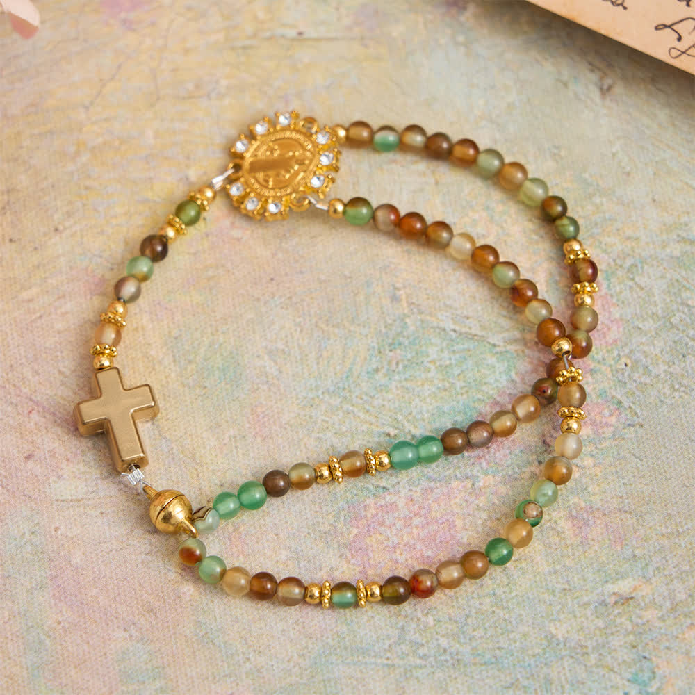 Peacock Agate Magnetic Rosary Bracelet with Golden St. Benedict