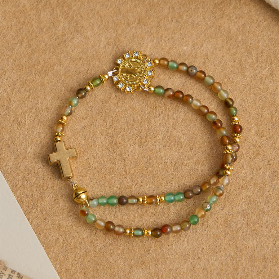 Peacock Agate Magnetic Rosary Bracelet with Golden St. Benedict
