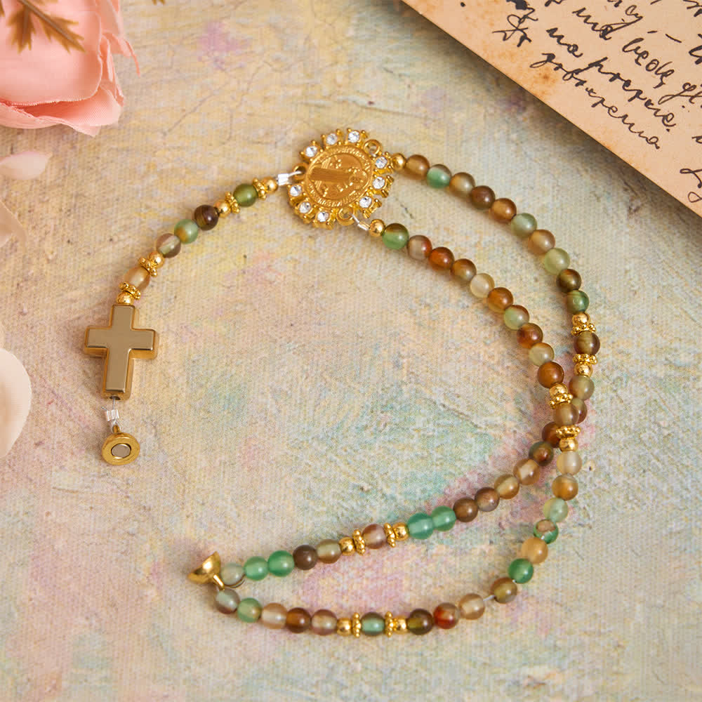 Peacock Agate Magnetic Rosary Bracelet with Golden St. Benedict