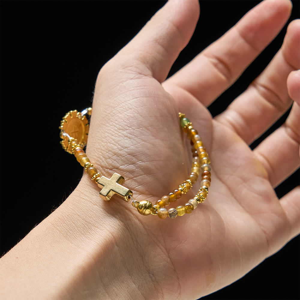 Dragon Vein Agate Magnetic Rosary Bracelet with Golden St. Benedict