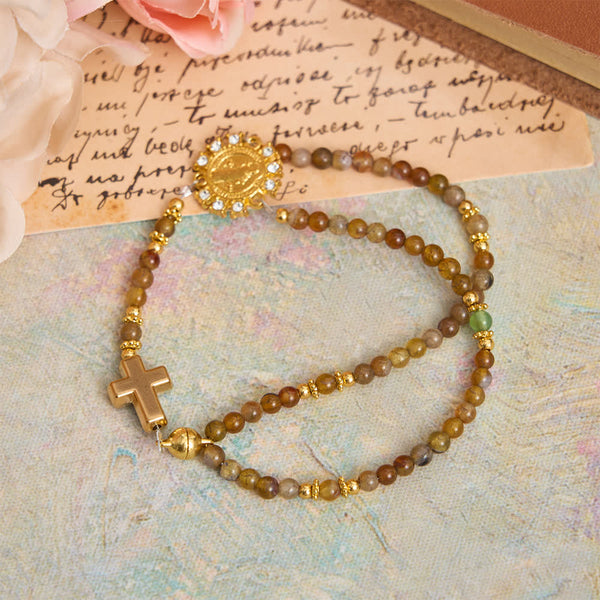 Dragon Vein Agate Magnetic Rosary Bracelet with Golden St. Benedict