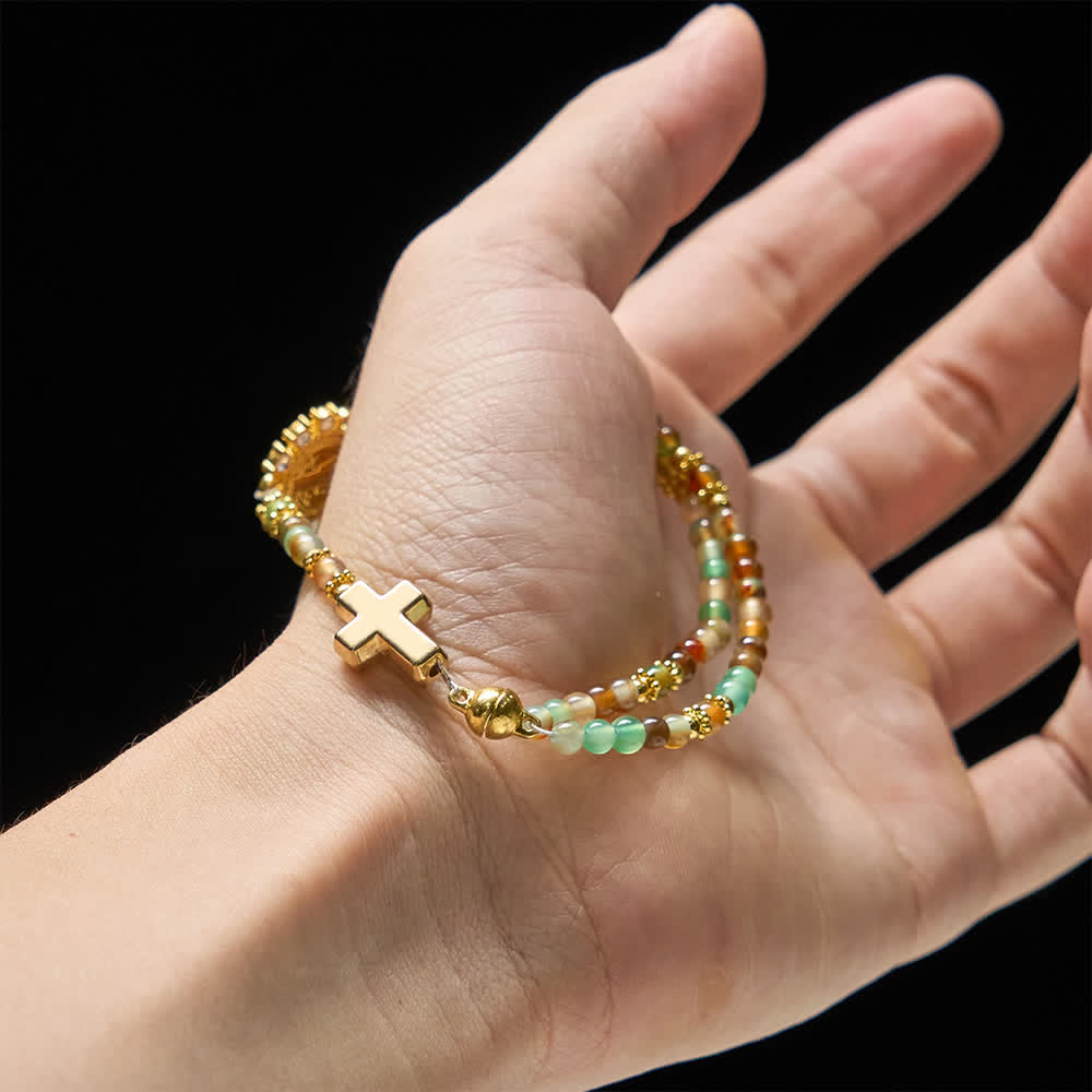 Peacock Agate Magnetic Rosary Bracelet with Golden St. Benedict