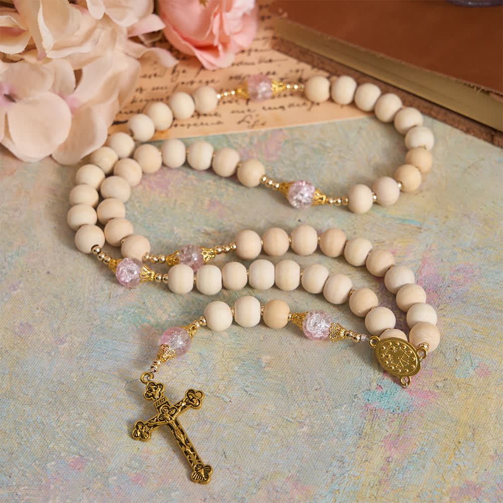 Natural Wood & Pink Crackle Glass Rosary with Our Lady Pendant