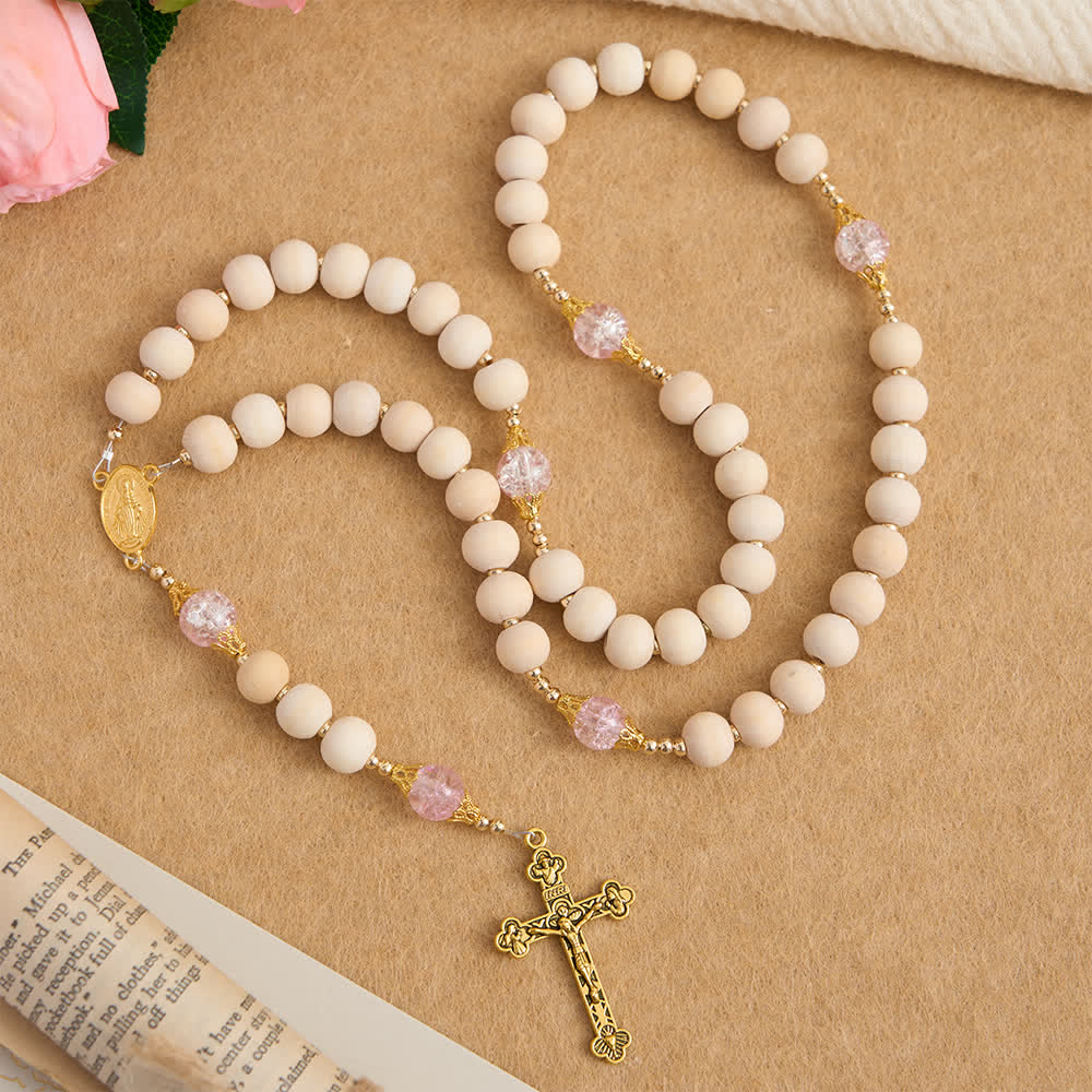 Natural Wood & Pink Crackle Glass Rosary with Our Lady Pendant