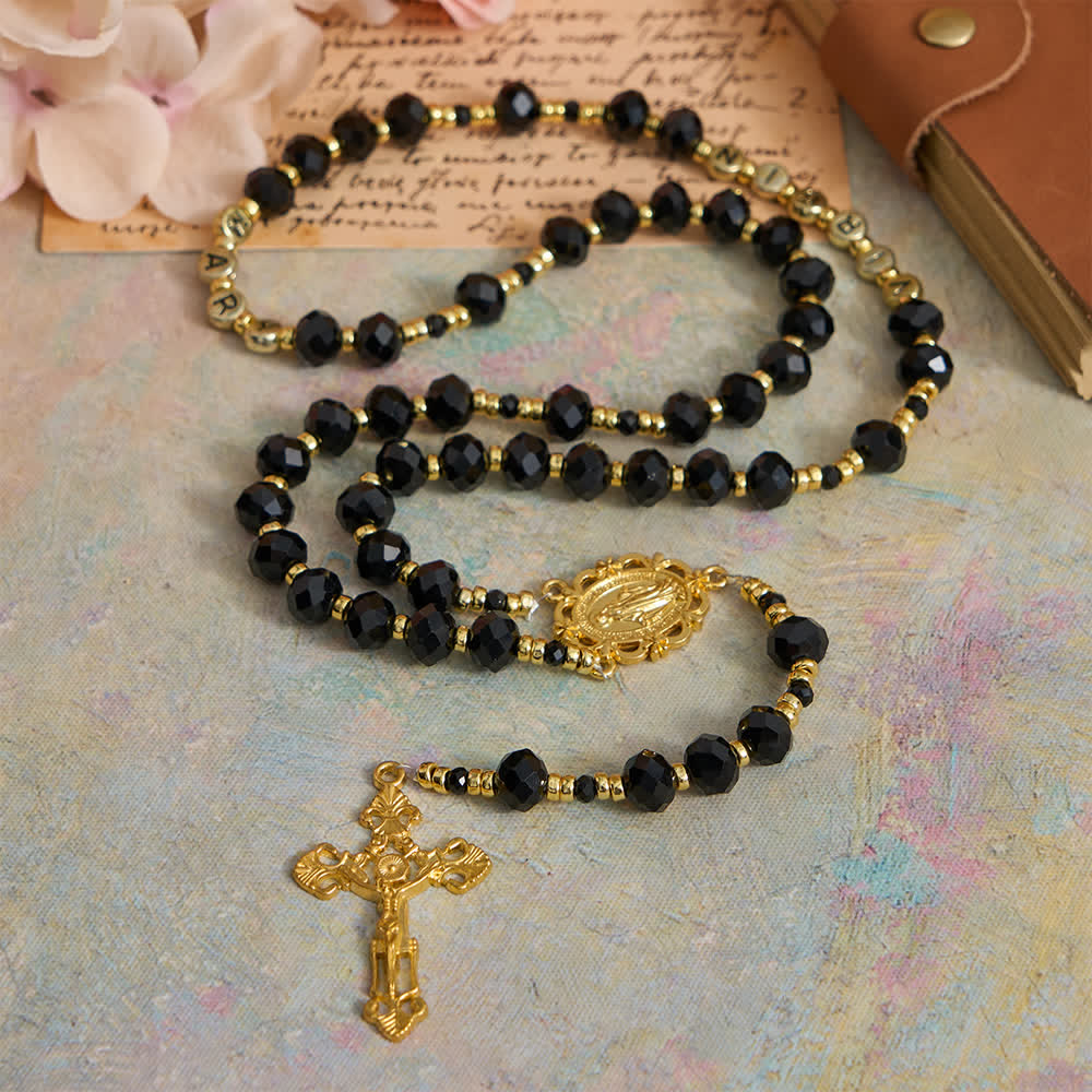 Black Faceted Glass Virgin Mary Rosary with Custom Name Letters for Mom