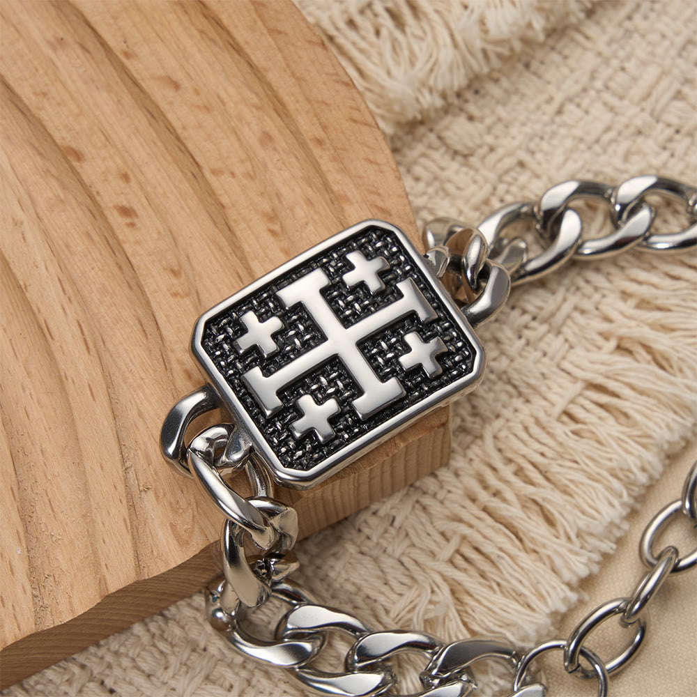 Polished Stainless Steel Jerusalem Square Cross Statement Bracelet