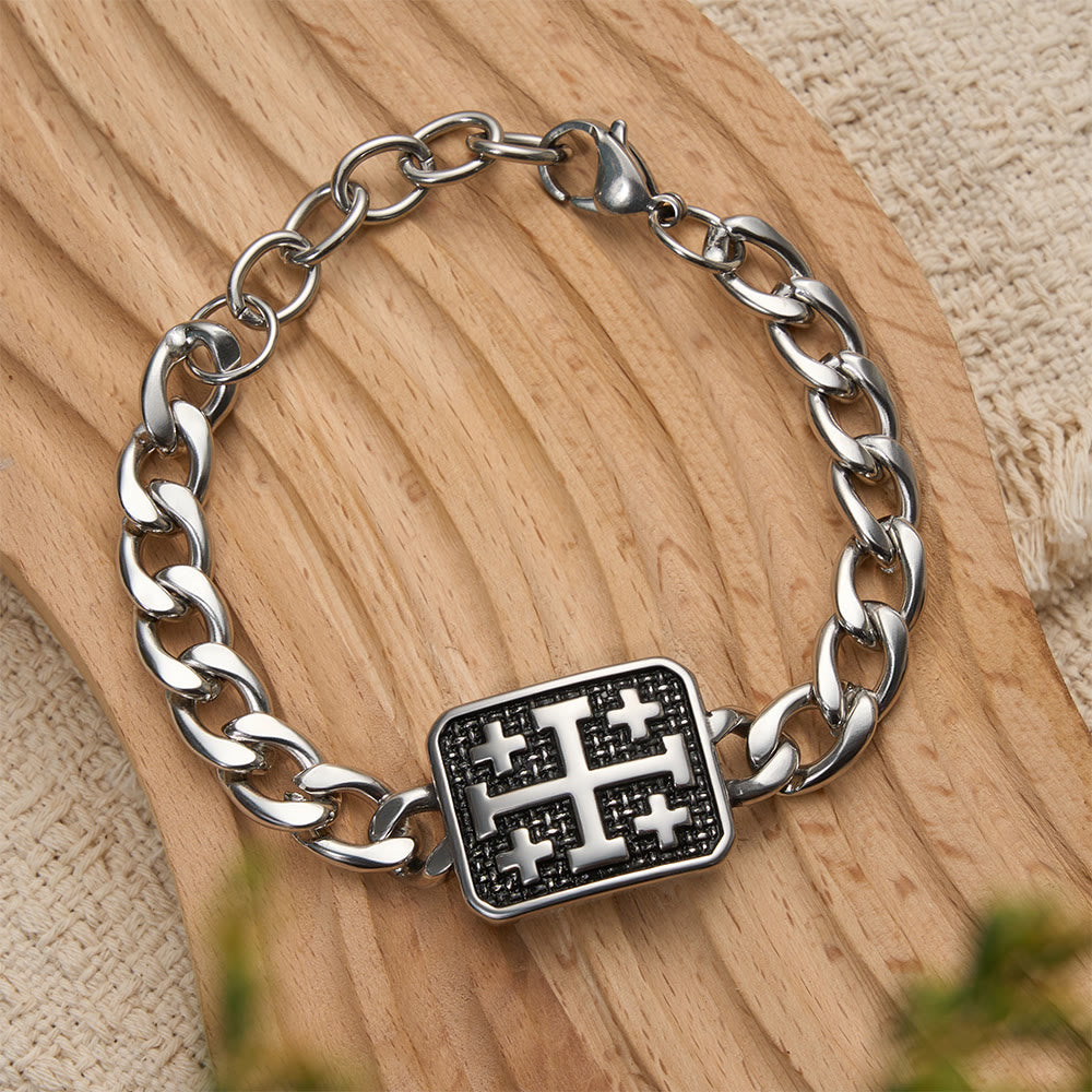 Polished Stainless Steel Jerusalem Square Cross Statement Bracelet
