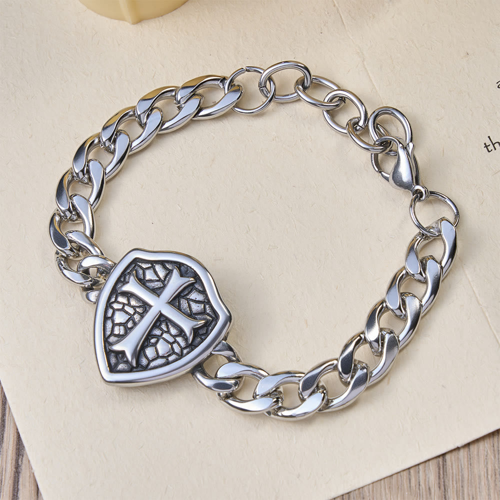Heavy Link Textured Shield Cross Bracelet: Symbol Of Unwavering Belief & Style