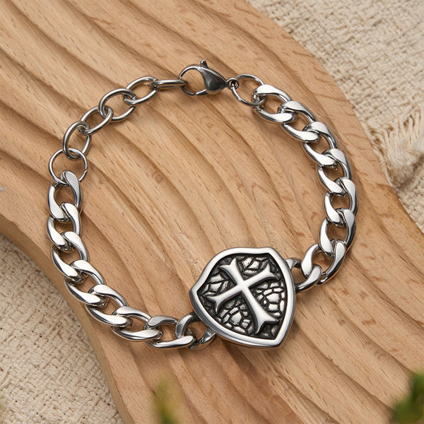Heavy Link Textured Shield Cross Bracelet: Symbol Of Unwavering Belief & Style