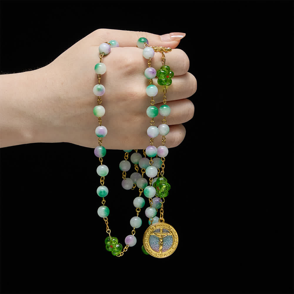 Violet Chalcedony Beads with Green Flower St. Benedict Rosary with Sparkling Crucifix